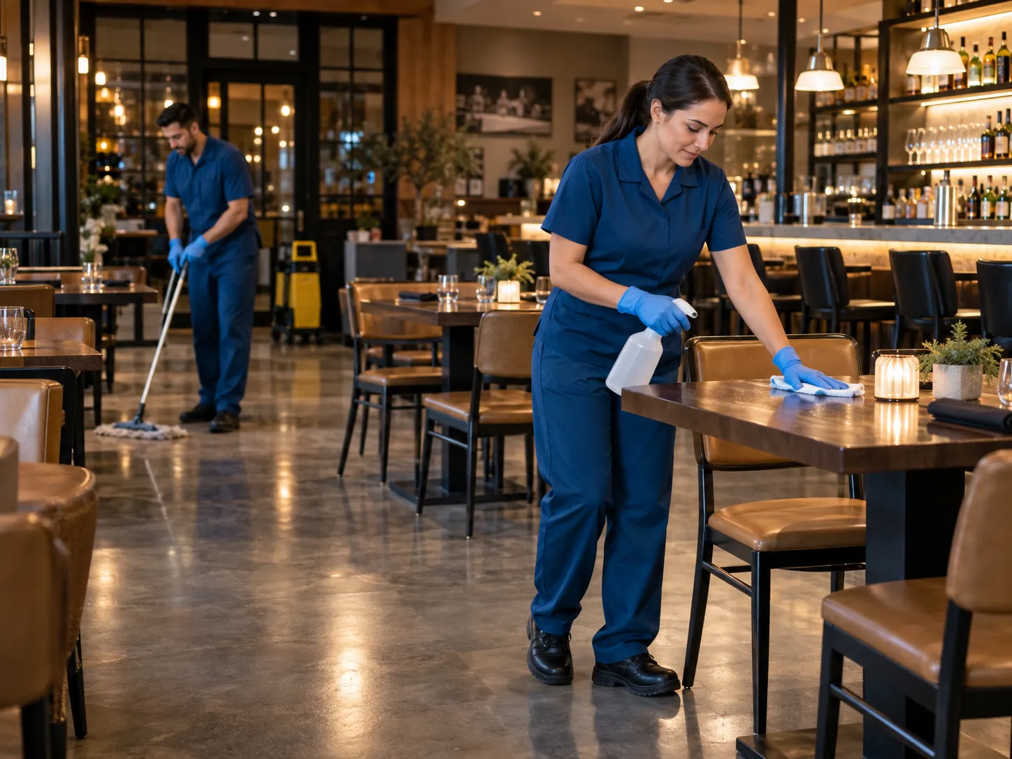 Cleaning crew working a restaurant dining room after service