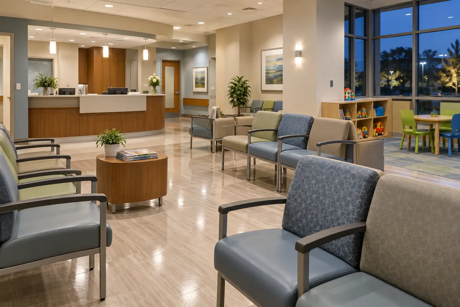 Clinic cleaning protocols for a waiting room: wiped chairs and a tidy reception counter