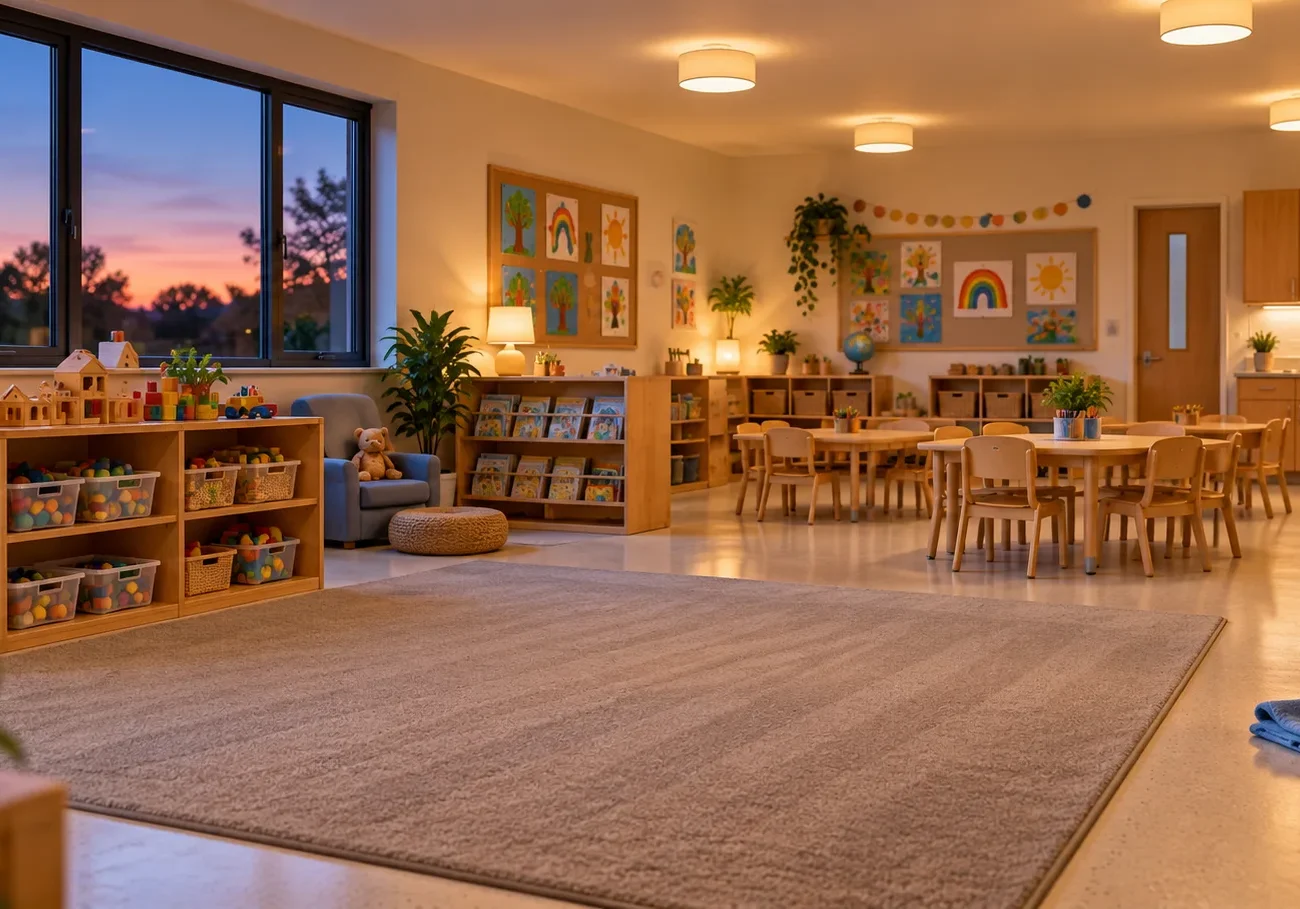 Tidy daycare classroom with shelved toys and vacuumed carpet after an evening clean