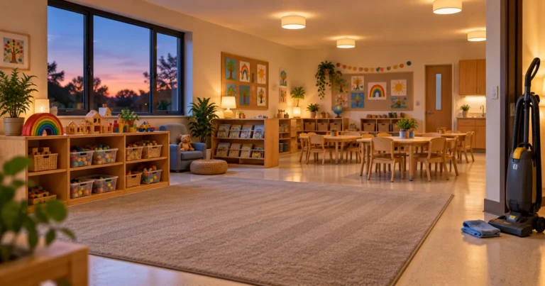 Tidy daycare classroom with shelved toys and vacuumed carpet after an evening clean