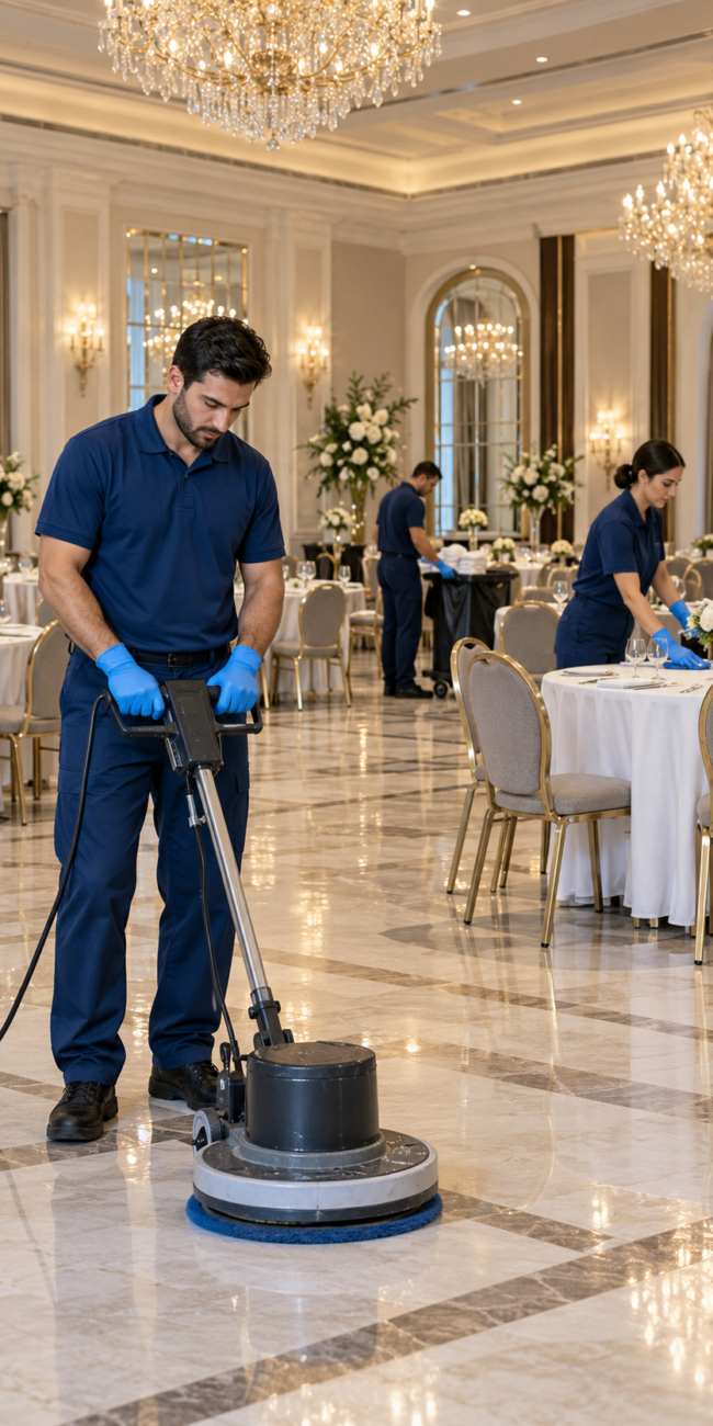 Cleaning crew resetting a banquet hall after an event