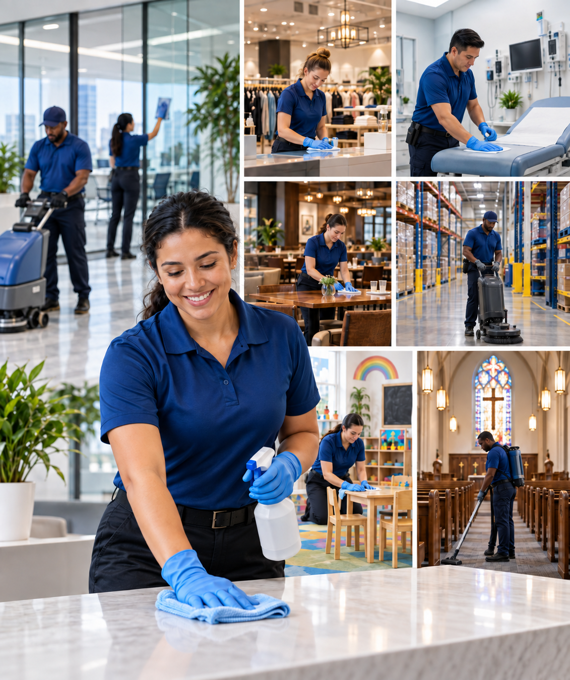 Cleaning crew at work in a bright open office