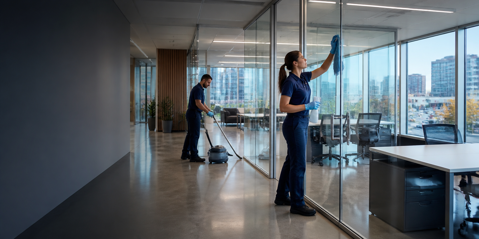 Everest commercial cleaners working an after-hours office overlooking the city
