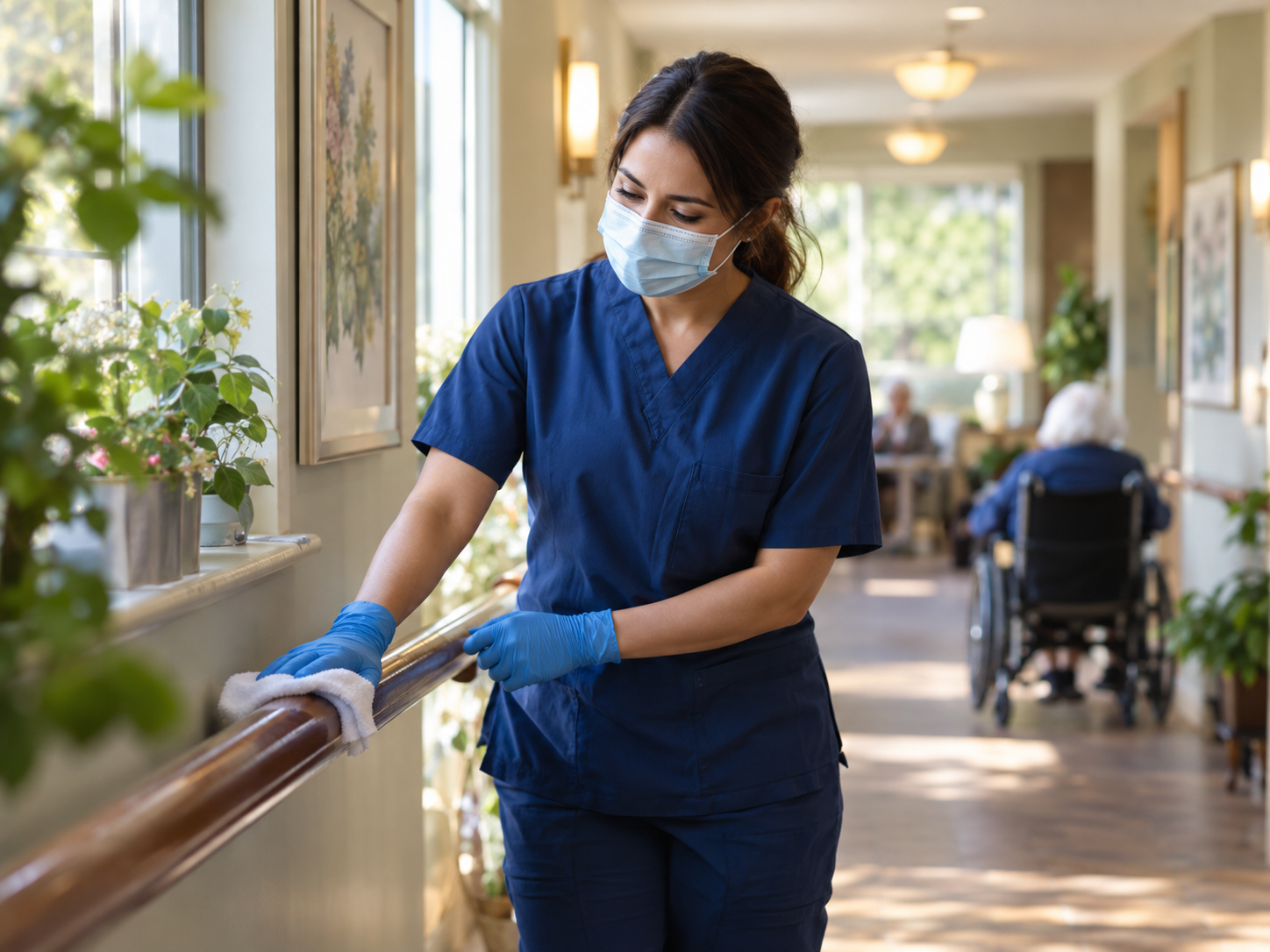 Cleaner wiping a handrail in a care-home corridor