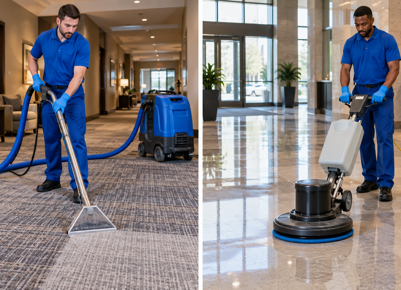 Split view of a crew member extracting carpet and buffing a hard floor