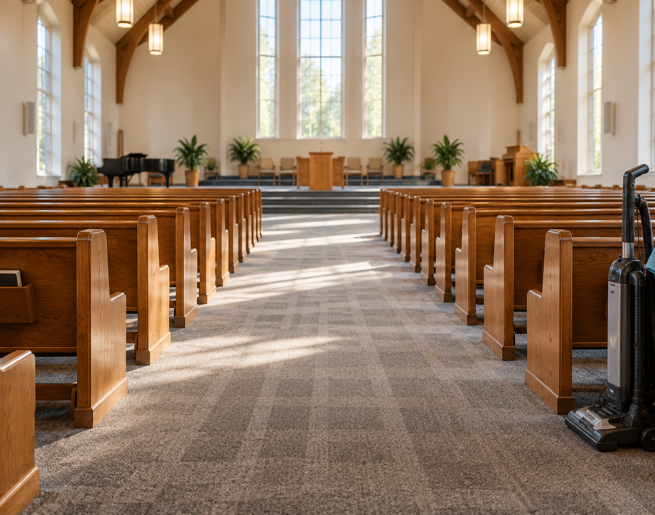 Clean church sanctuary with vacuumed carpet and tidy pews after a service