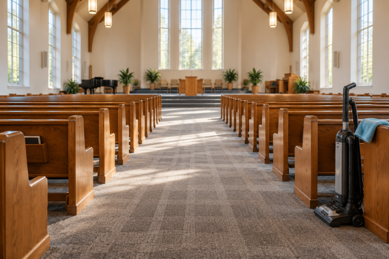Clean church sanctuary with vacuumed carpet and tidy pews after a service