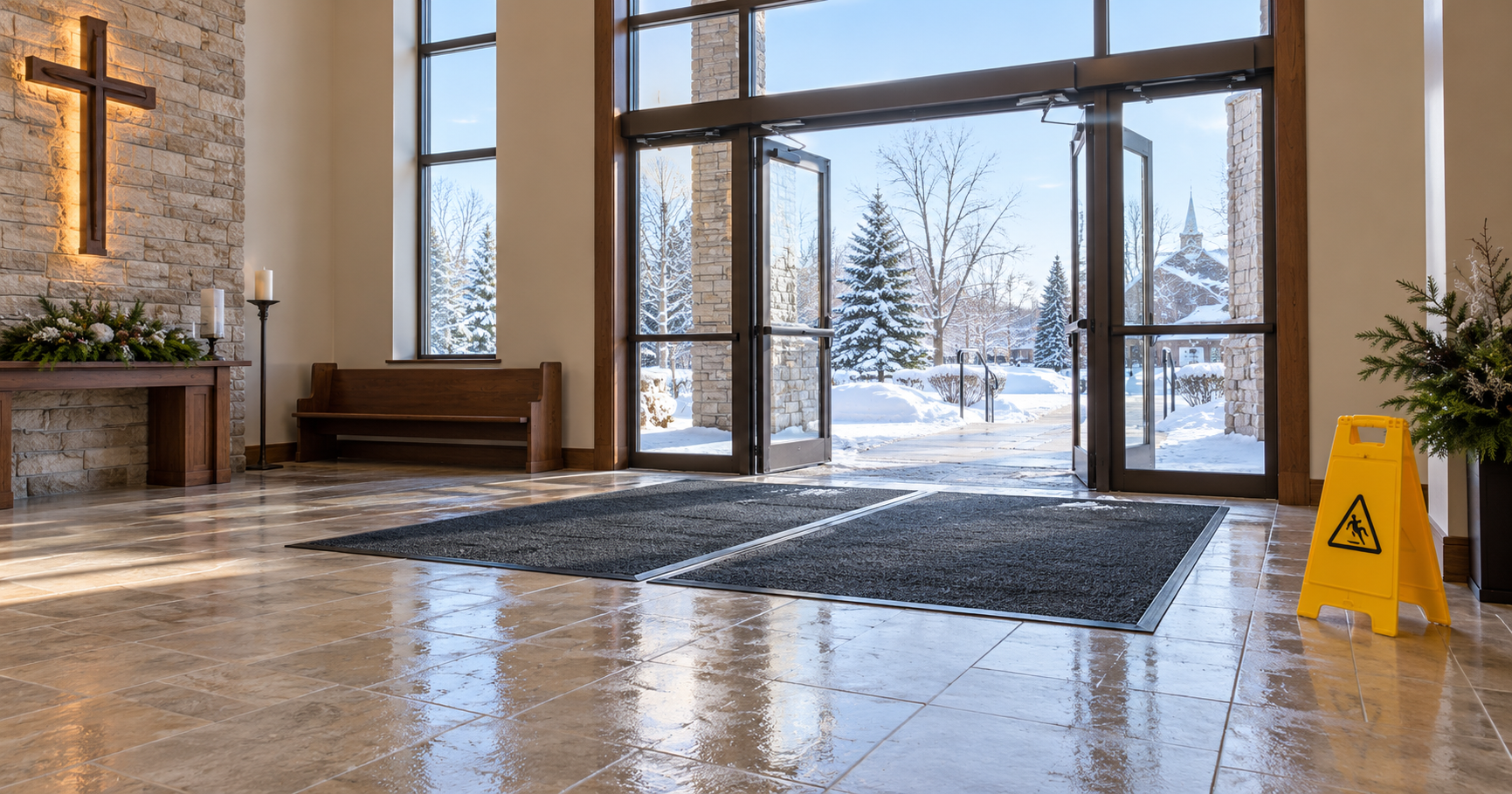 Church entrance with heavy-duty mats and a mopped floor in winter