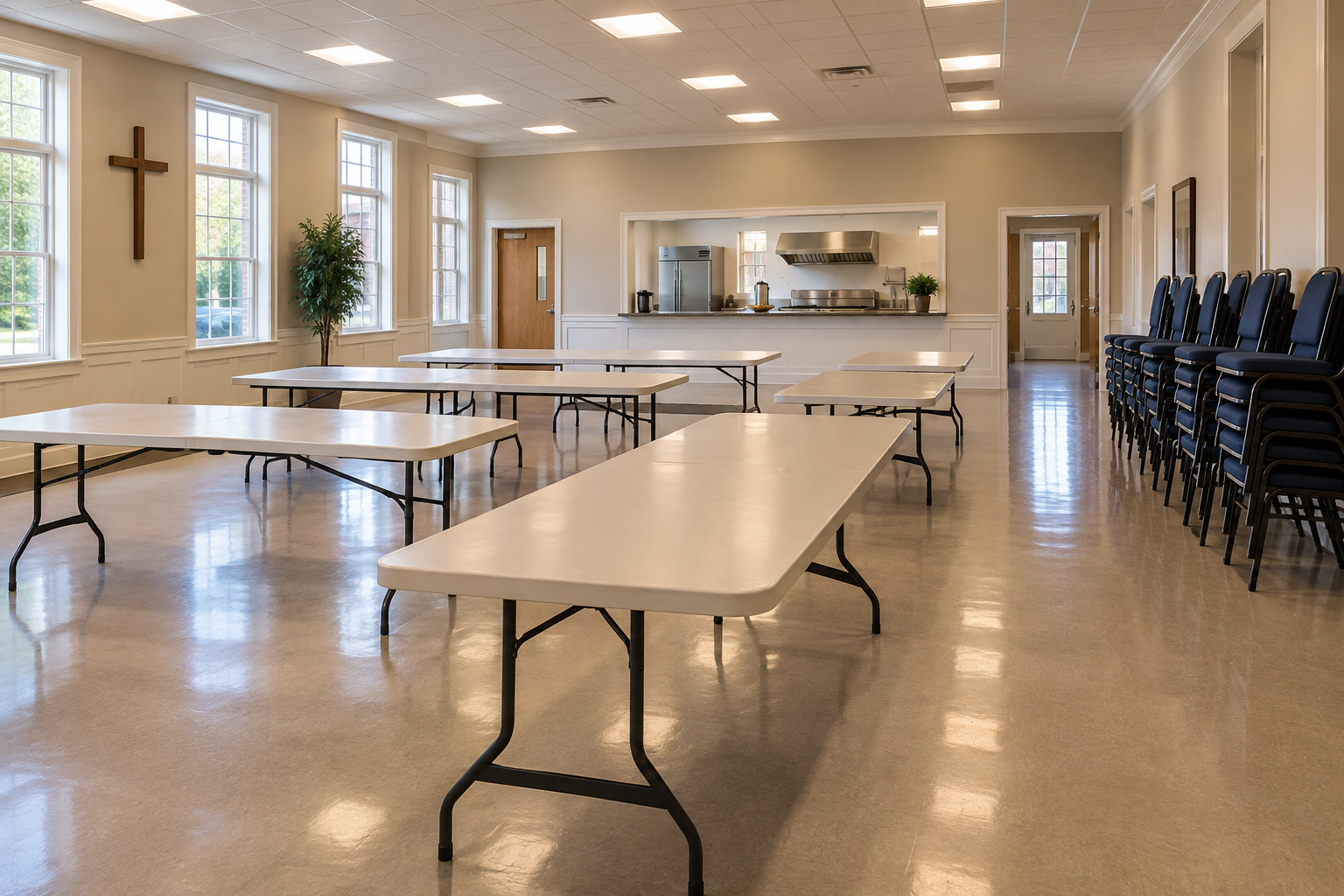 Fellowship hall with wiped tables and stacked chairs ready for the next event