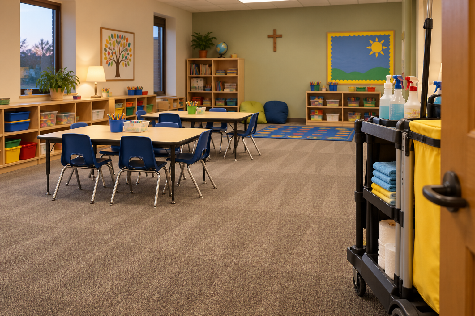 Church classroom vacuumed and ready after a weekday visit on a church cleaning schedule