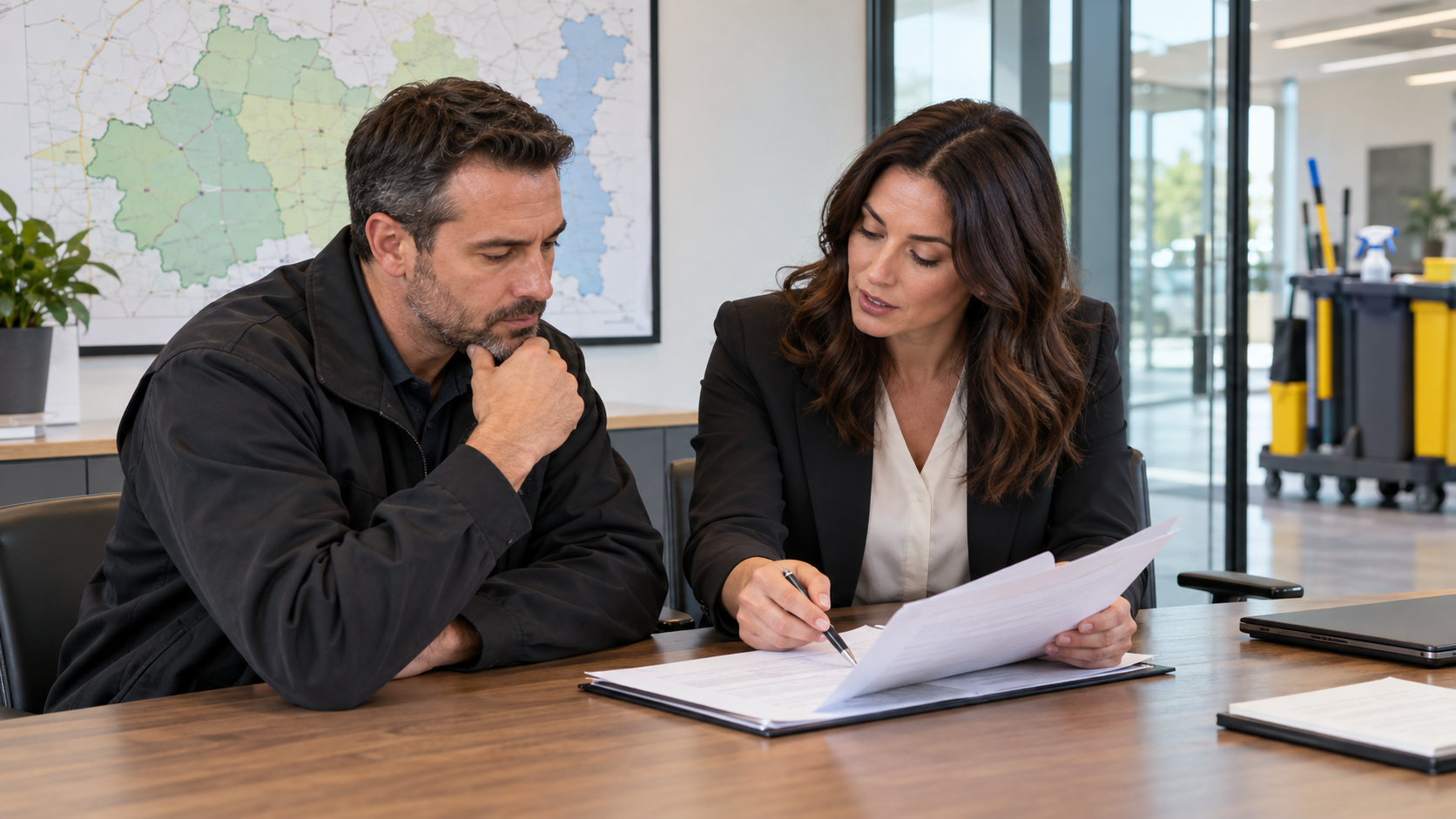 Cleaning franchise in Canada: owner reviewing a franchise agreement with an adviser.