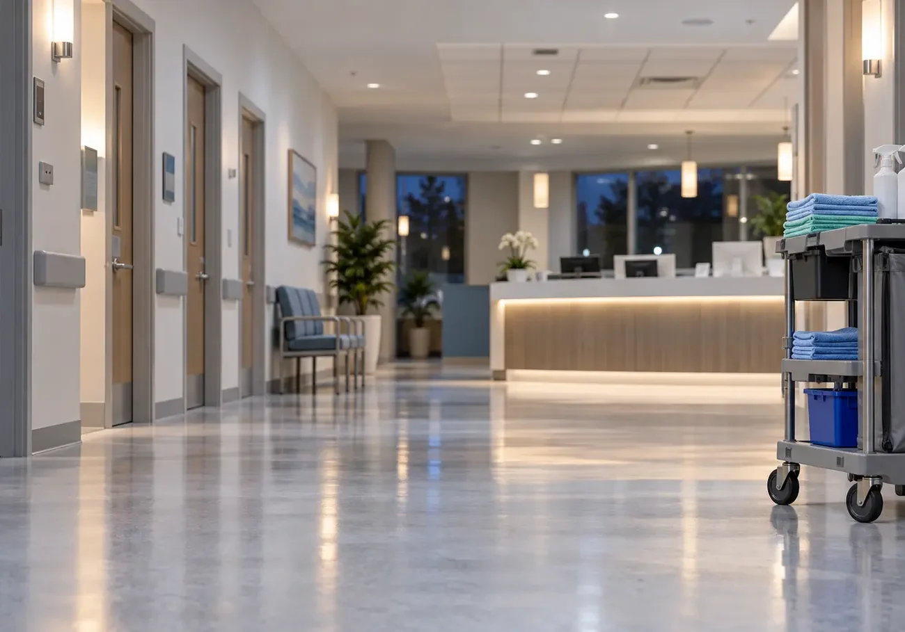 Clinic cleaning protocols in action: tidy corridor with a cleaning cart after hours