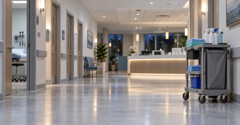 Clinic cleaning protocols in action: tidy corridor with a cleaning cart after hours
