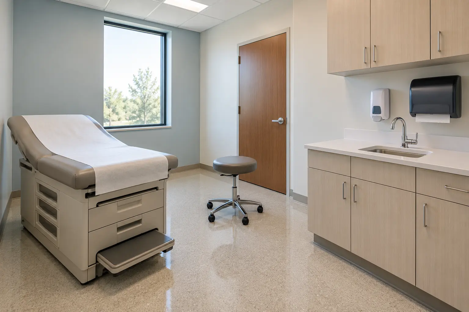 Clean clinic waiting room with wiped chairs and a tidy reception counter
