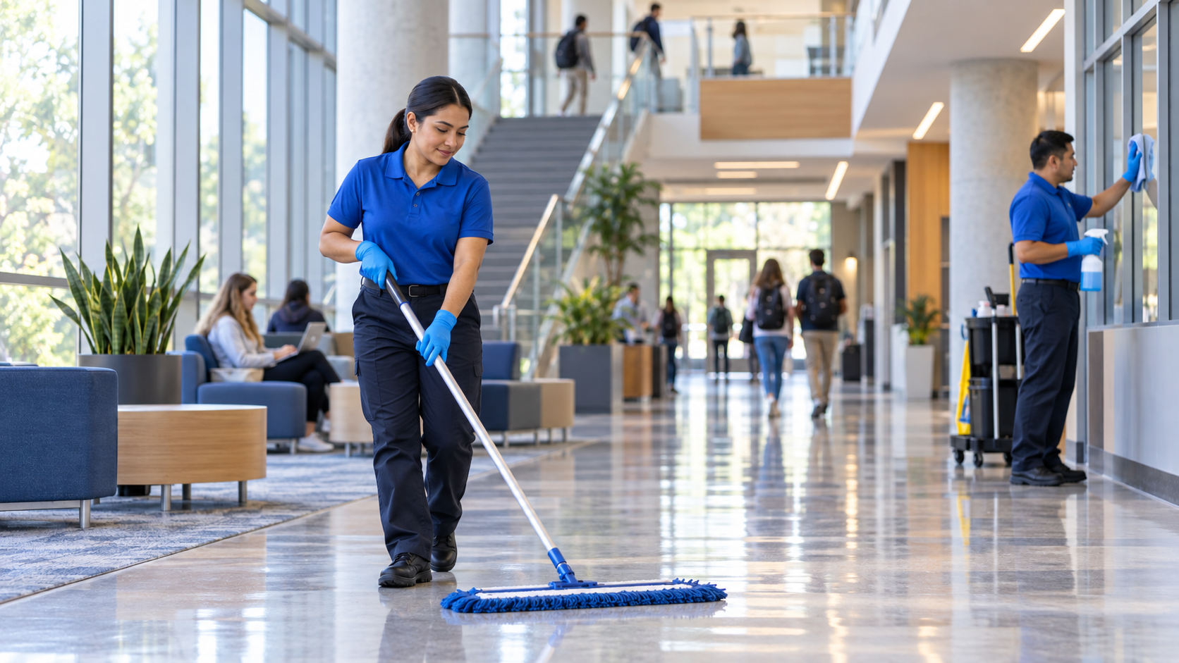 Cleaning crew wiping desks in a college classroom