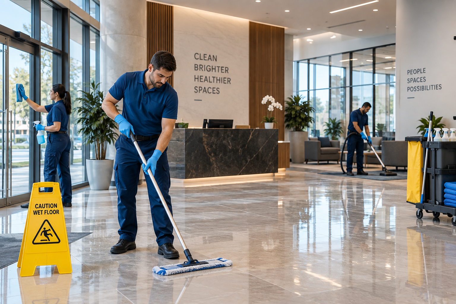 Cleaning crew working through a commercial building