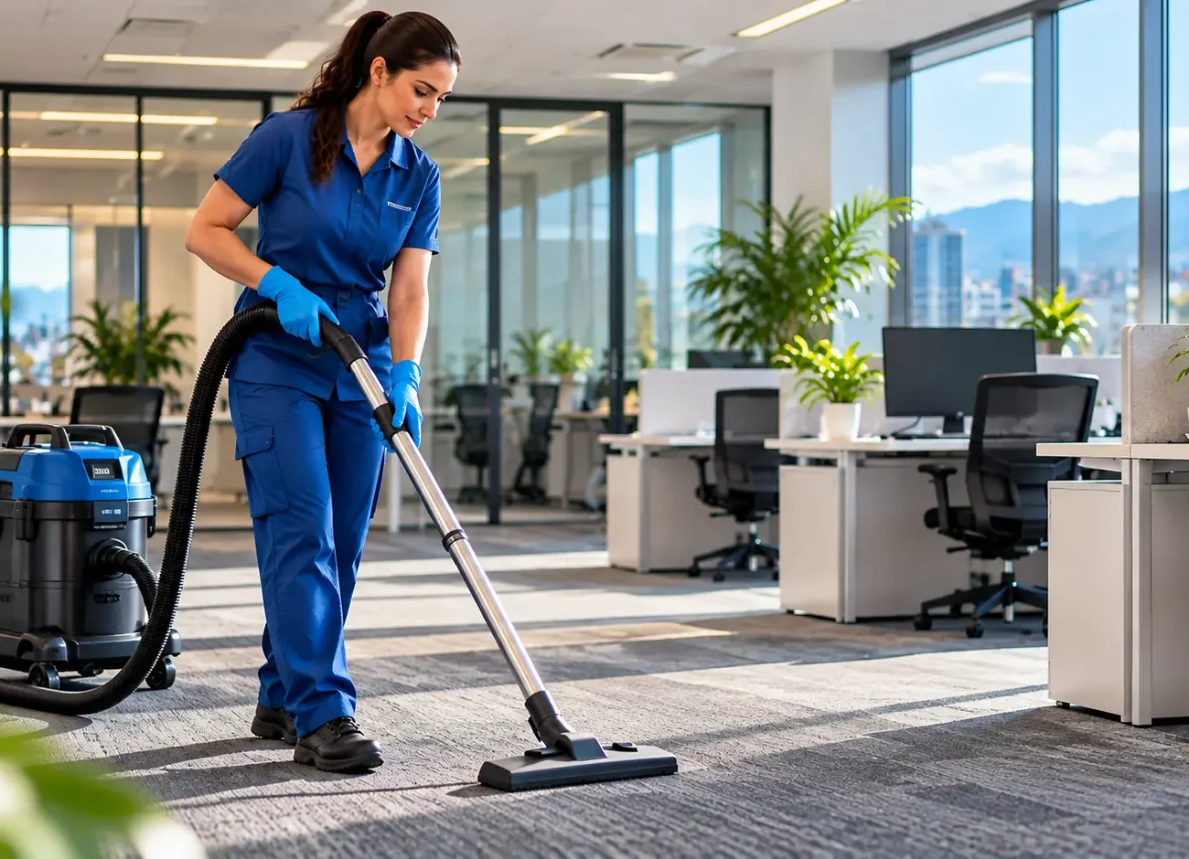 Commercial cleaner vacuuming a modern office as part of an indoor air quality cleaning plan