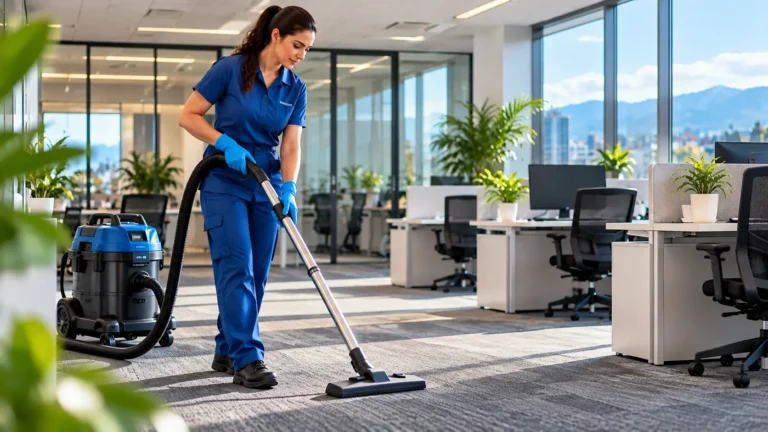 Commercial cleaner vacuuming a modern office as part of an indoor air quality cleaning plan