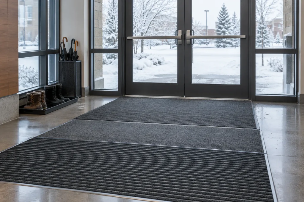 Commercial building entrance with layered floor mats, boot trays and umbrellas beside glass doors