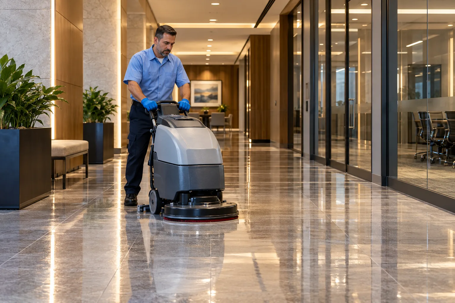 Commercial cleaner using a floor machine on a polished hard floor
