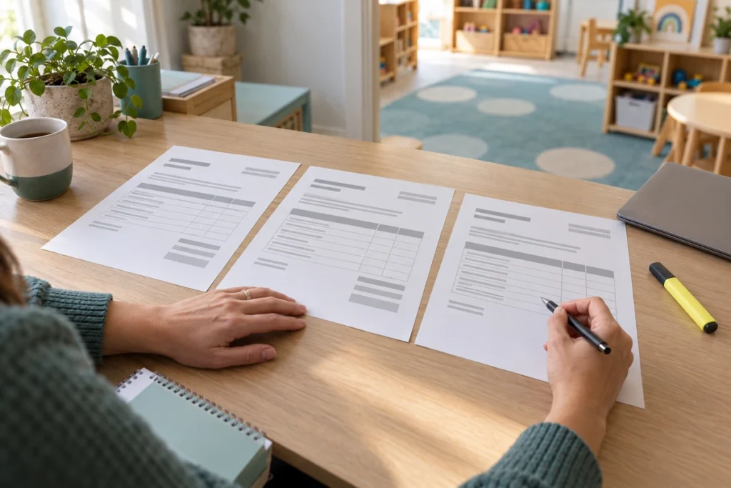 Three itemized daycare cleaning quotes laid side by side on a desk for comparison