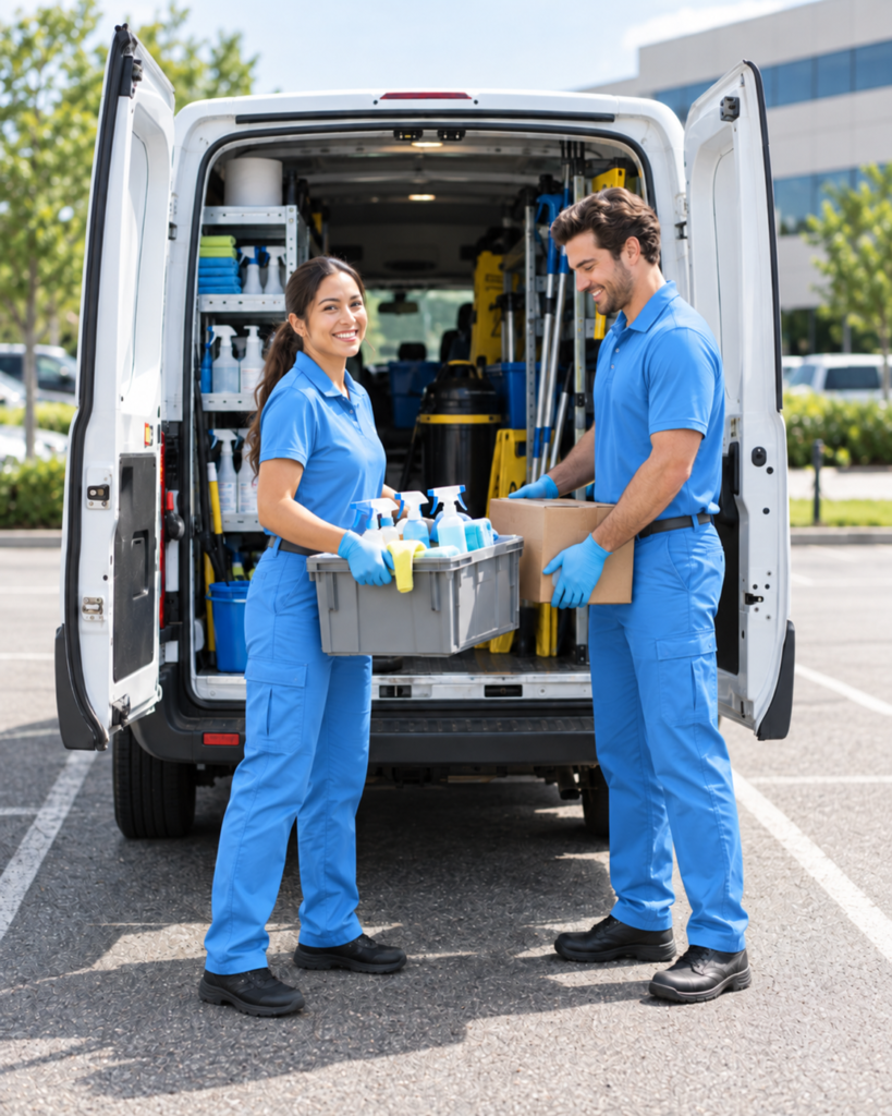 Two crew members loading cleaning supplies into a van