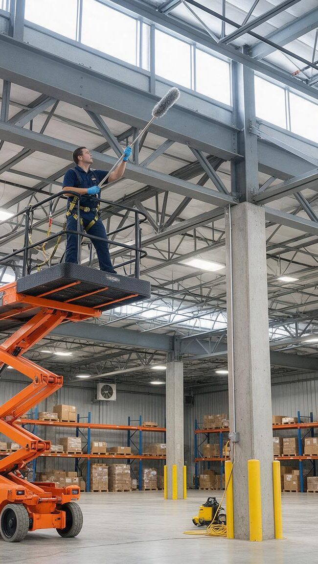 Cleaning crew member at work in a navy uniform