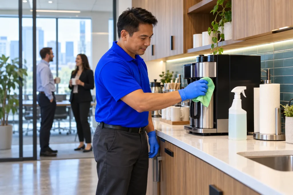 Day porter wiping high-touch surfaces in a busy office kitchenette and break room during business hours