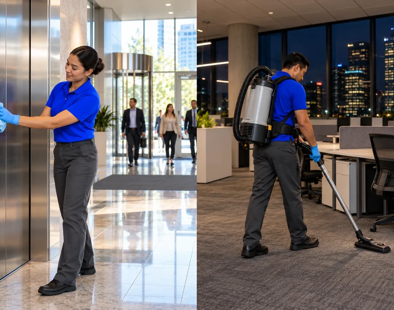 Split comparison of day porter vs night cleaning tasks in a commercial office