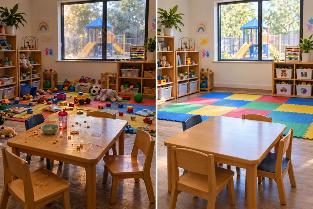 Daycare playroom before and after an evening clean, with scattered toys and a smudged table on the left and a tidy, wiped-down room on the right
