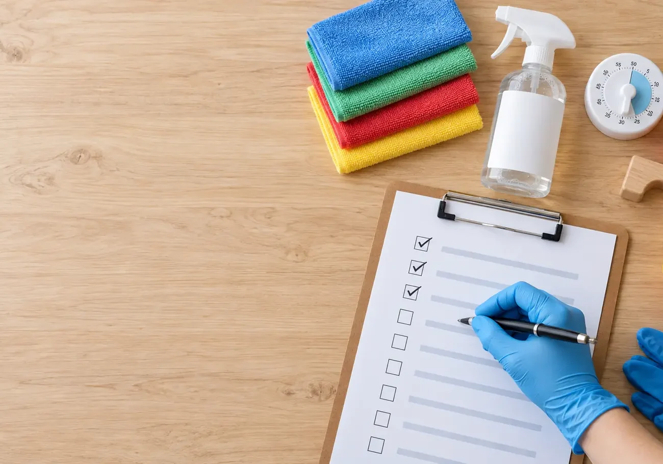 Daycare cleaning checklist on a clipboard beside colour-coded cloths, gloves, cleaning supplies and toys