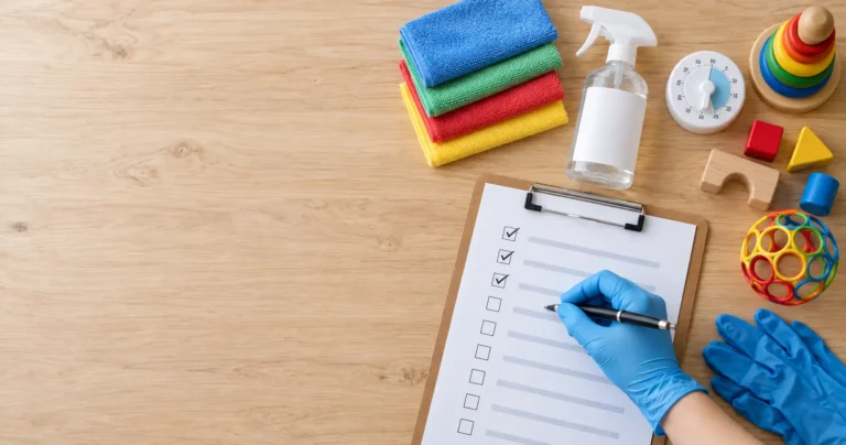 Daycare cleaning checklist on a clipboard beside colour-coded cloths, gloves, cleaning supplies and toys