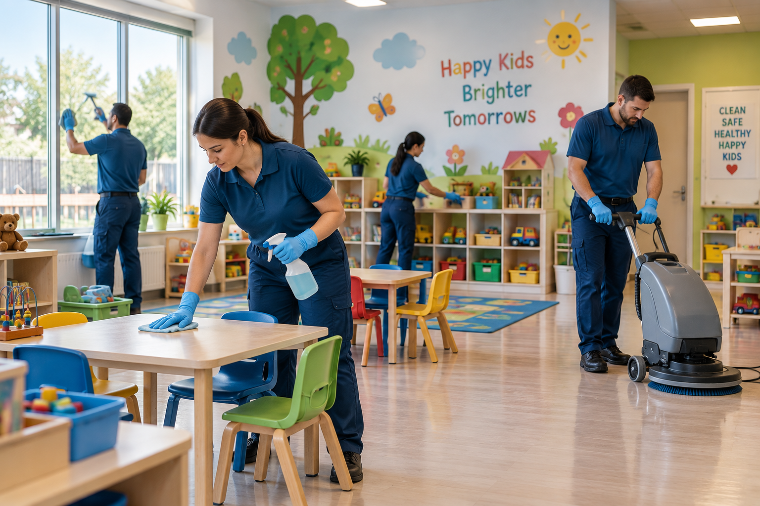 Cleaning crew wiping surfaces in a daycare room