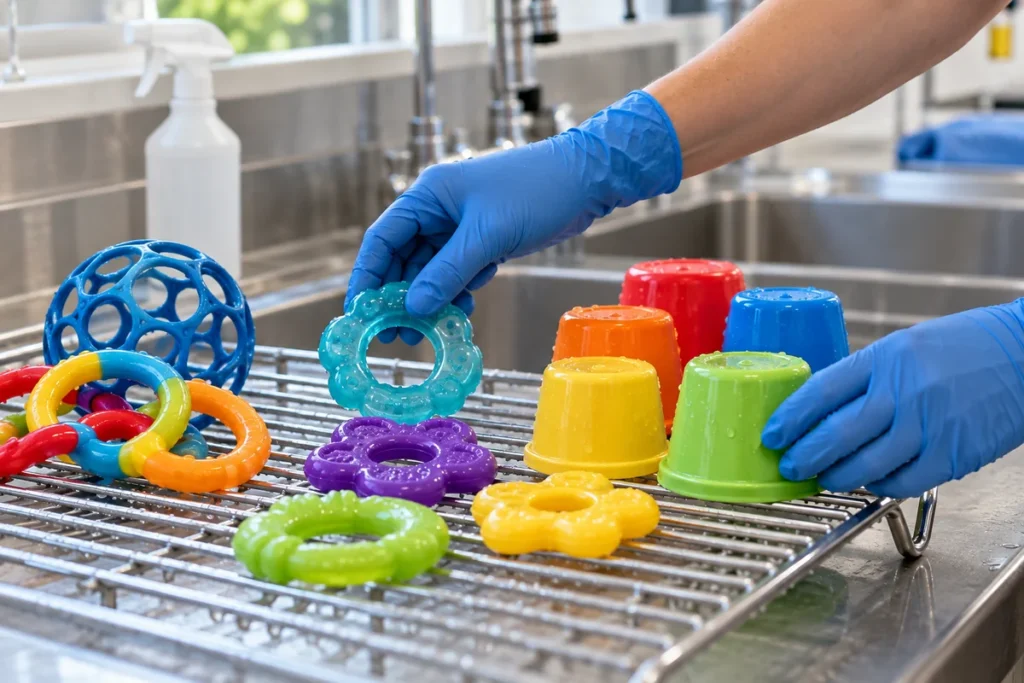 Daycare staff wiping mouthed toys before disinfecting them