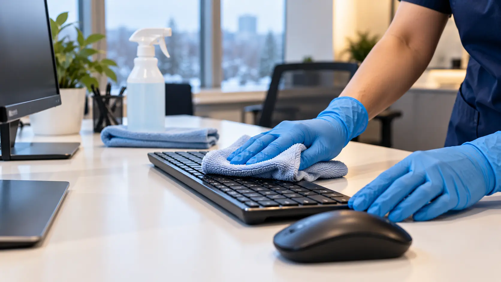 Gloved hands disinfecting a shared office keyboard and mouse with a microfiber cloth