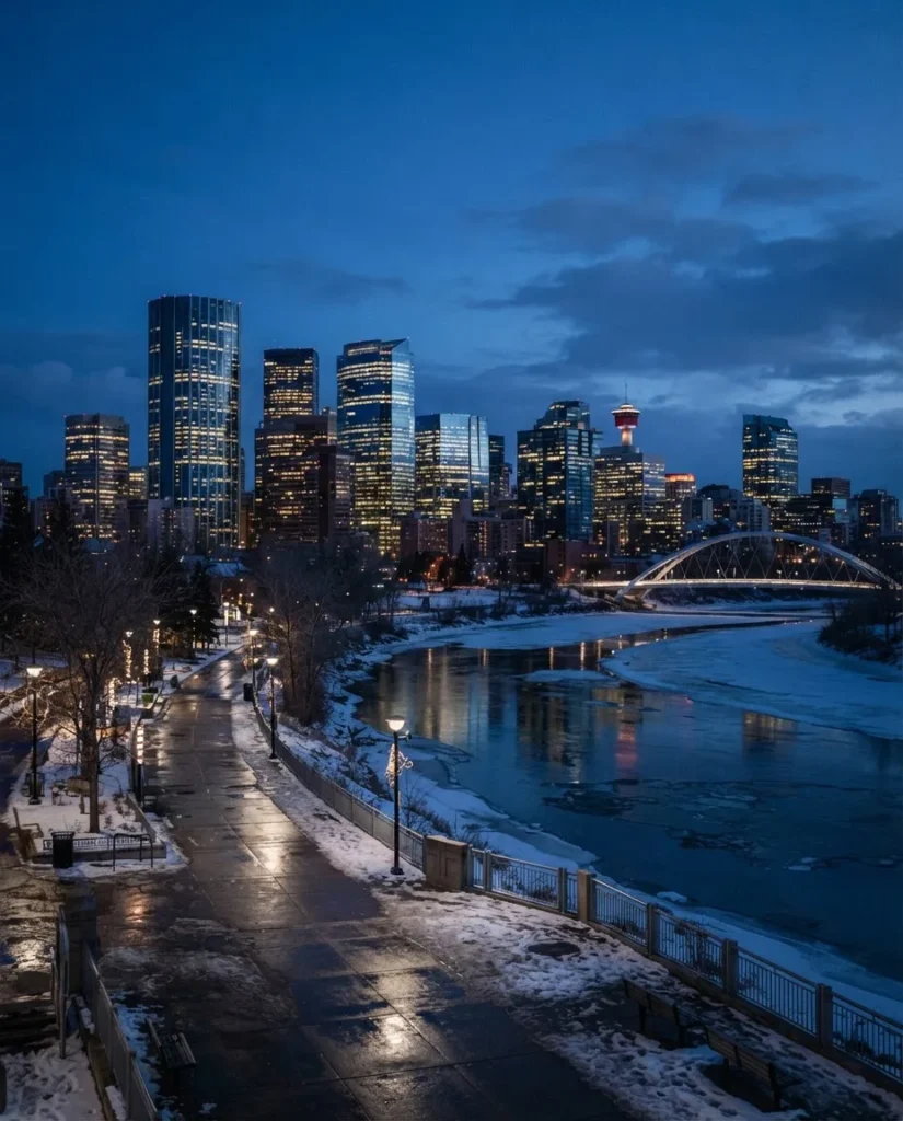 Downtown Calgary skyline and Bow River at dusk after the last office shift