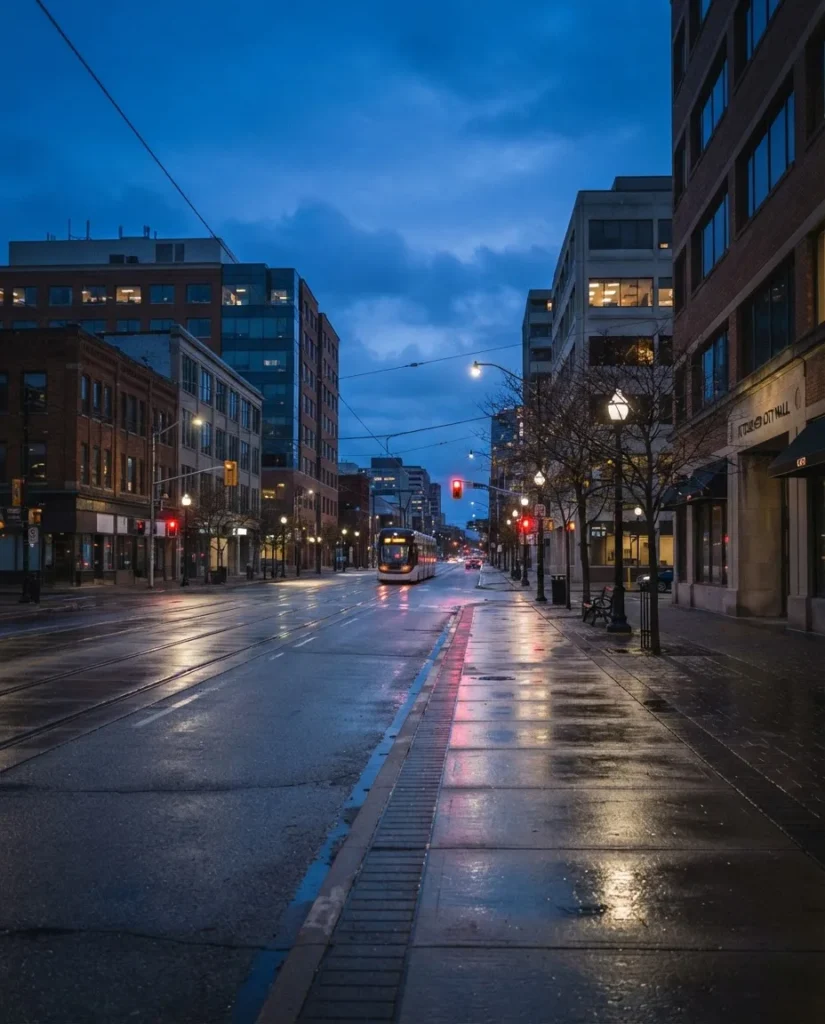 Kitchener-Waterloo downtown office street at dusk after the last office shift