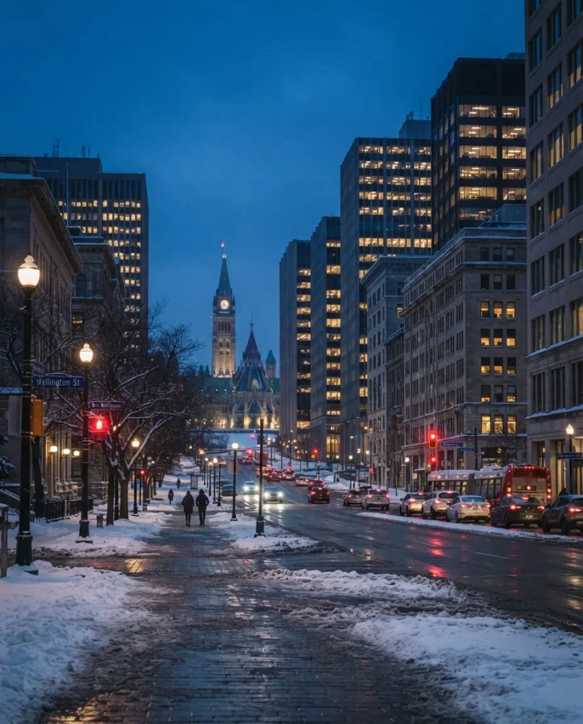 Downtown Ottawa commercial towers at dusk after the last office shift