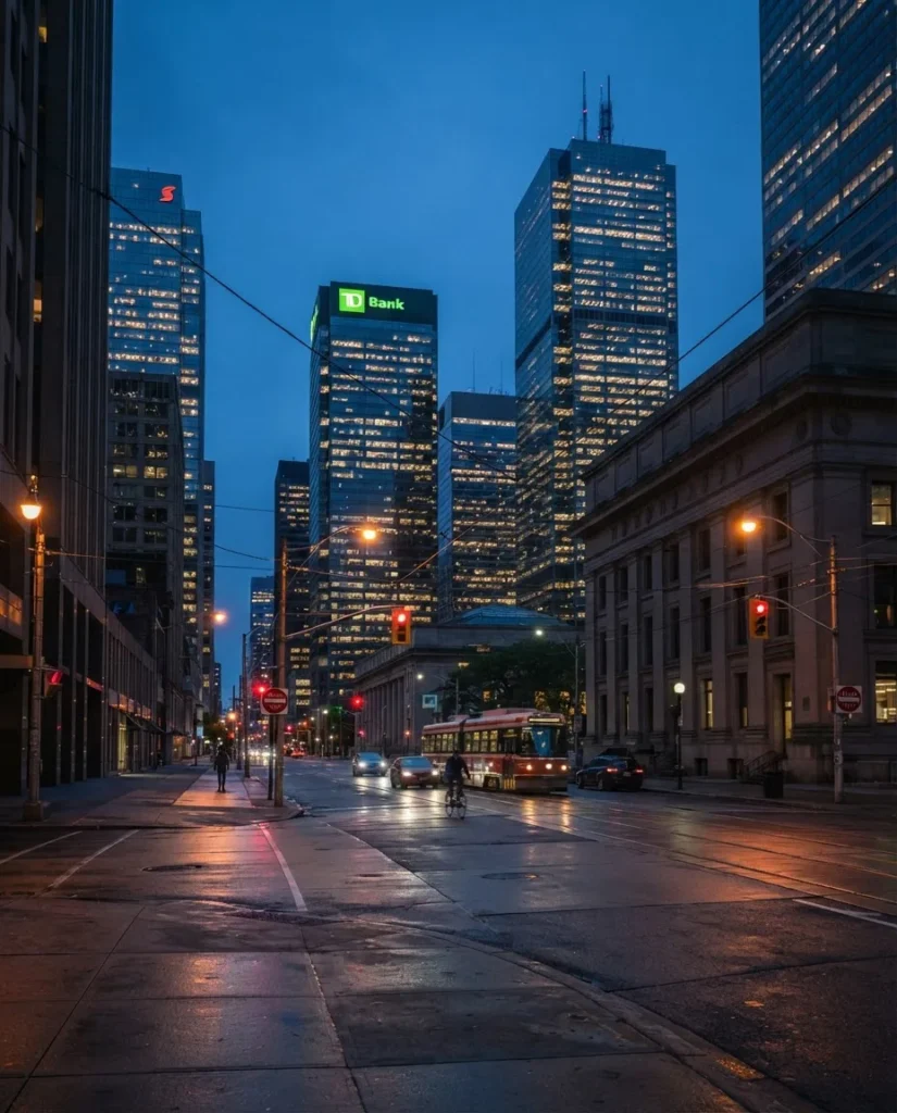 Toronto financial district towers at dusk after the last office shift