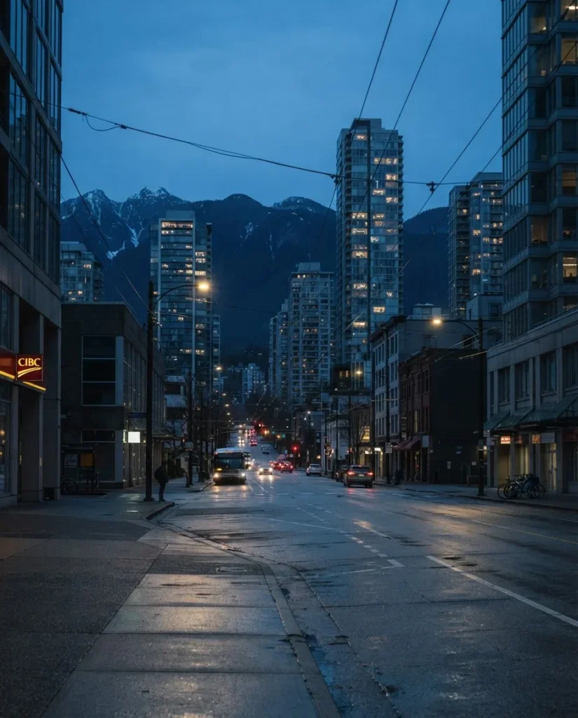 Vancouver downtown commercial street with North Shore mountains at dusk after the last office shift