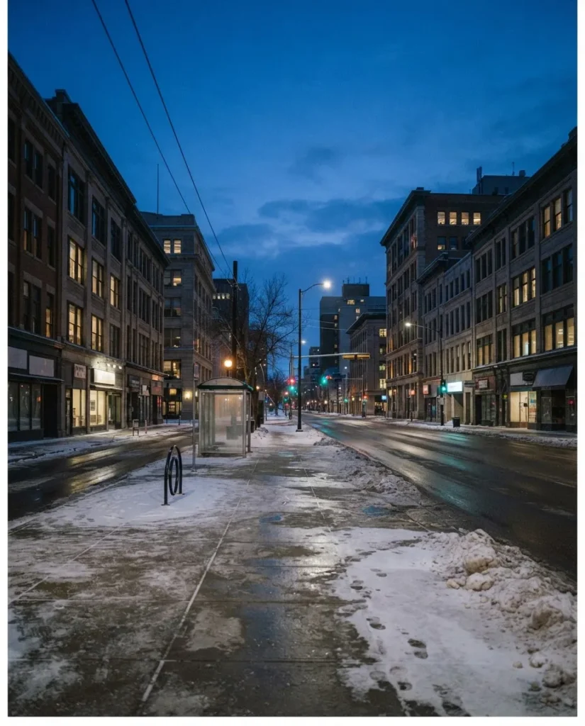 Winnipeg Portage Avenue commercial buildings at dusk after the last office shift