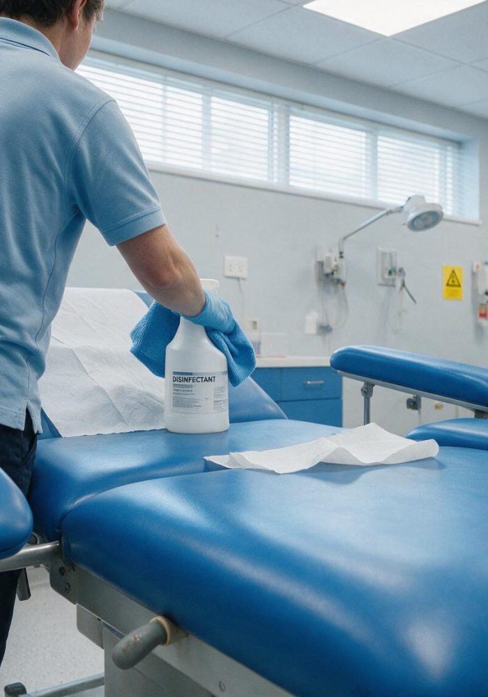 Cleaning crew disinfecting a health clinic room