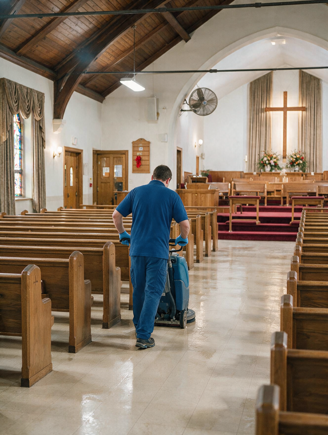 Commercial cleaning crew in navy uniforms