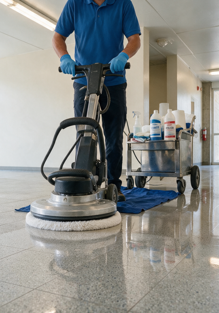 Commercial cleaning crew in navy uniforms