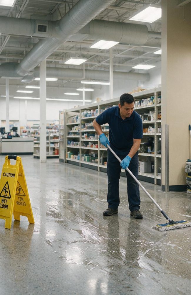 Crew member in gloves mopping a retail sales floor after closing
