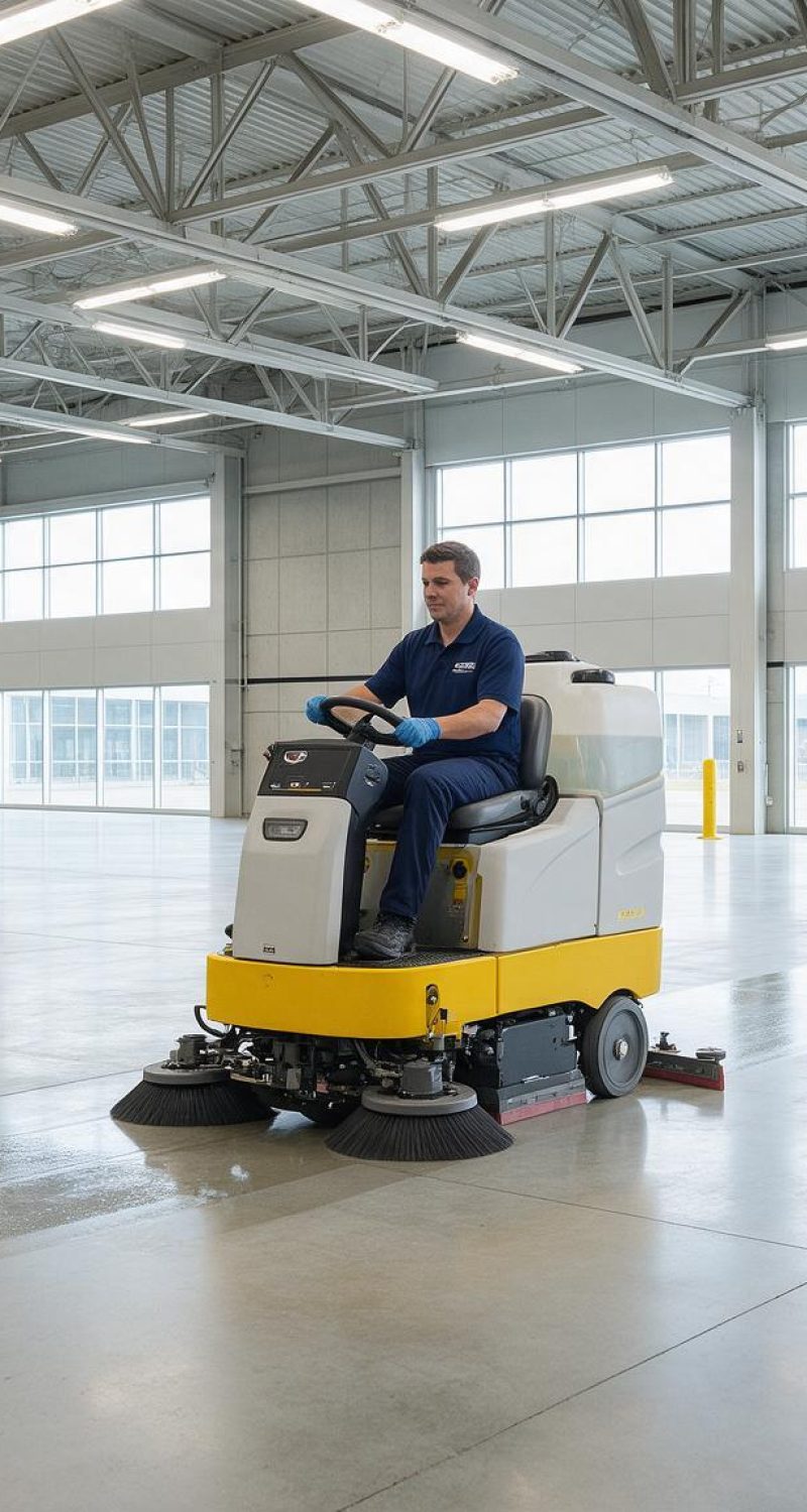 Crew member in gloves operating a wide floor scrubber in an empty exhibition hall