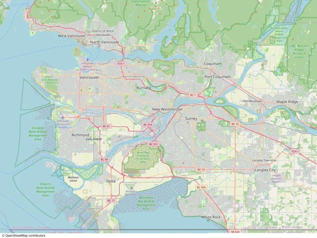 Street map of Metro Vancouver from West Vancouver to Langley, with Vancouver, Burnaby, New Westminster, Surrey, Richmond and Delta labelled