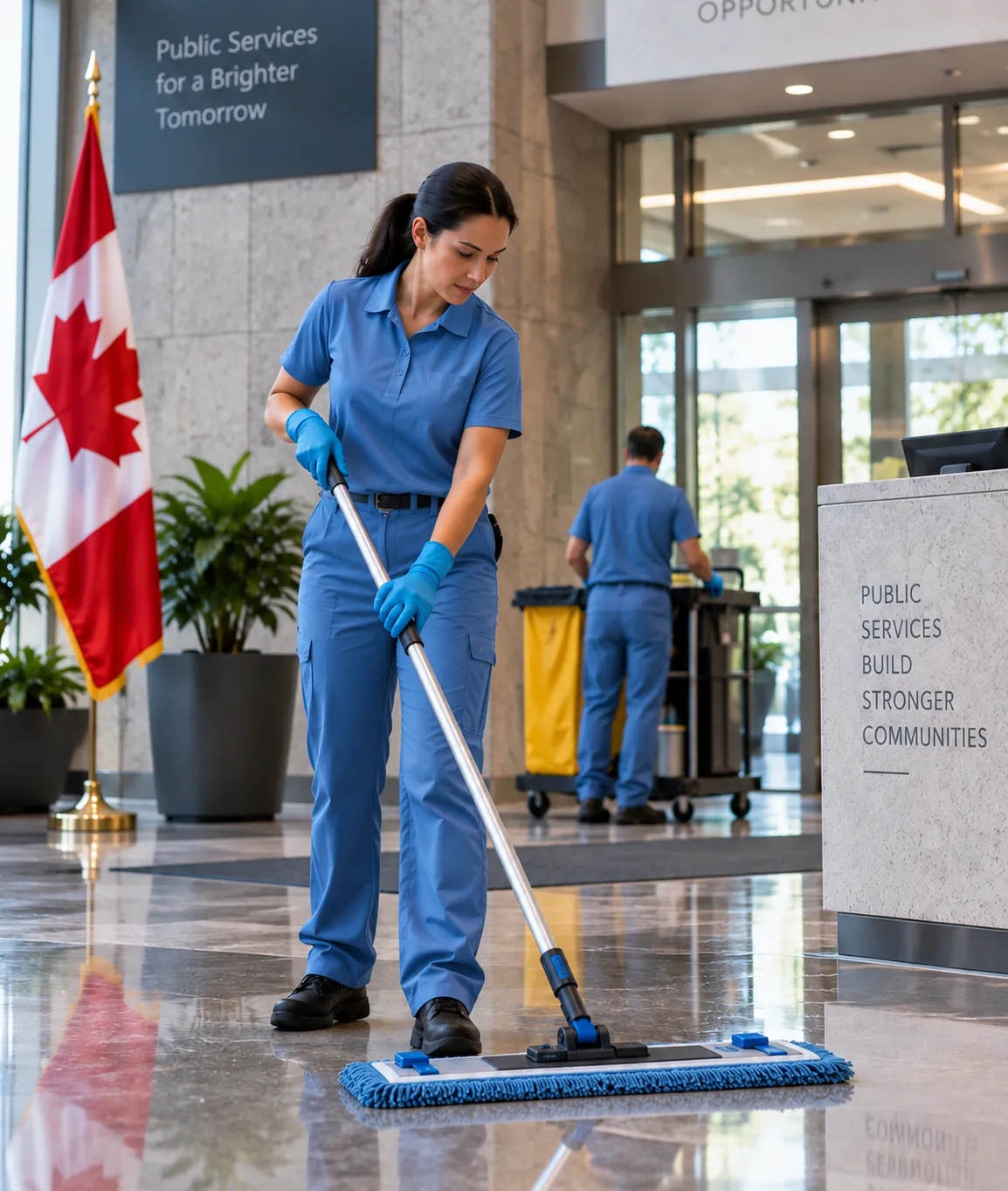 Cleaner mopping a marble lobby beside a Canadian flag