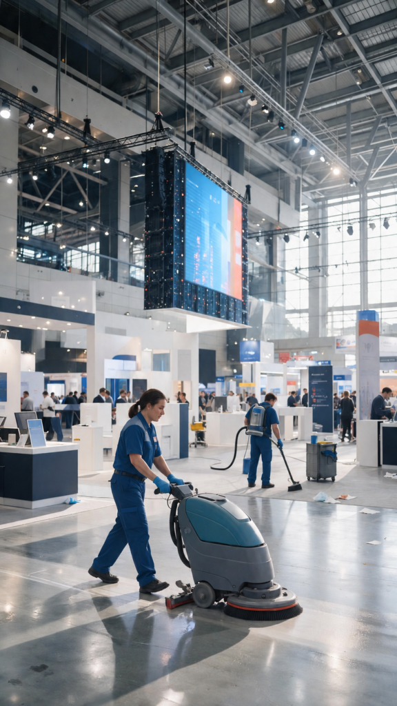 Cleaning crew working across an empty exhibition hall