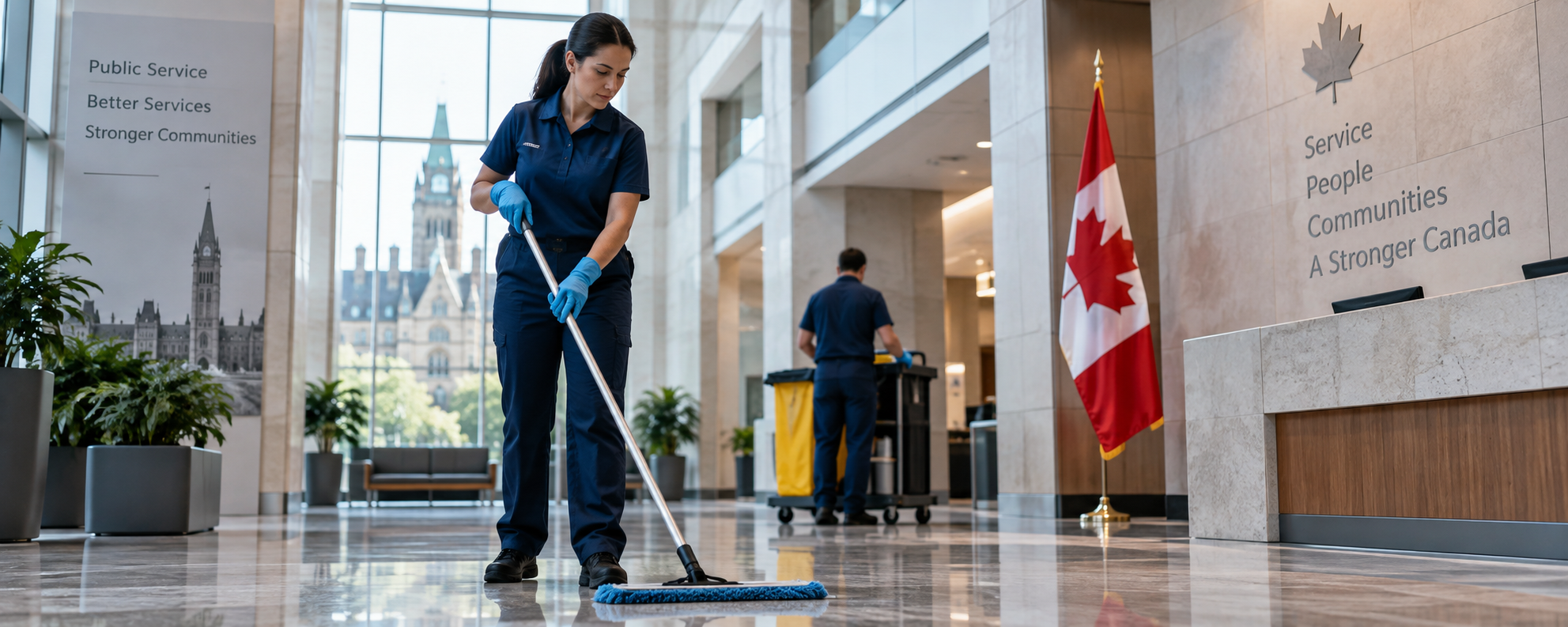Cleaning crew member mopping a government lobby beside a Canadian flag